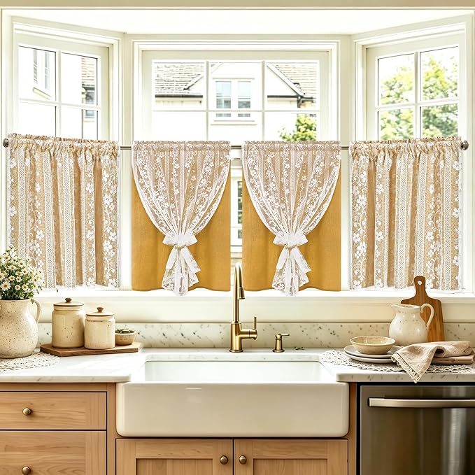 ASPMIZ Linen Kitchen Curtains Double Layer Kitchen Window Curtains Over Sink 36 Inch Mustard Yellow Tier Curtain Light Filtering Rod Pocket Cafe Curtain Short Window Treatments with 2 Tiebacks, 26x36