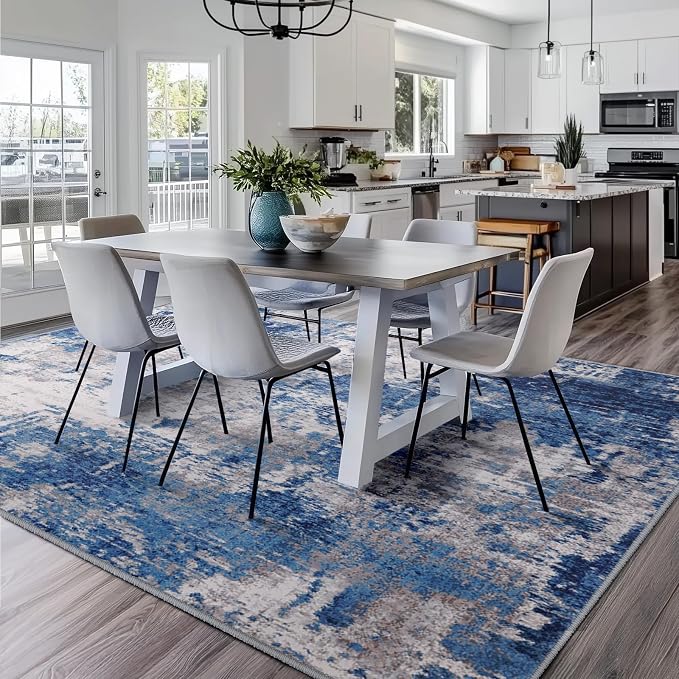 RELEANY Washable Area Rugs Square 8ft Non-Slip Modern Abstract Soft for Living Room Entryway Bedroom Kitchen, Print Pattern, Blue Grey Navy Gray