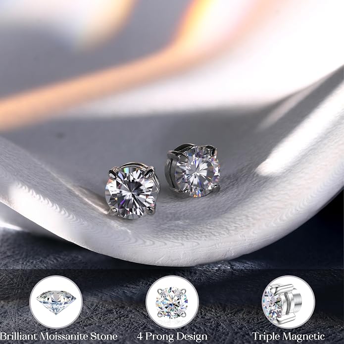 GEMQUEEN Moissanite Magnetic Earrings for Men Women : 18K White Gold Plated Hypoallergenic Stainless Steel Non Piercing Clip on Fake Earrings Studs Dainty Moissanite Earring Jewelry D Color VVS1