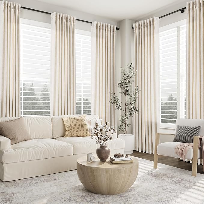 Aersas Natural Pinch Pleat Linen Curtains 82 Inch Length 2 Panels Set for Bedroom Dining Room Semi Sheer Linen Boho Farmhouse Neutral Window Curtains for Living Room Nursery Natural Cream 50x82