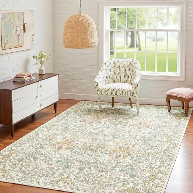 Vintage Washable Sage Green Area Rugs for Bedroom Under Bed, Living Room, Nursery, Kitchen, Entryway, Low Pile Non Slip Stain Resistance Distressed Retro Indoor (Beige Green, 4 x 6)