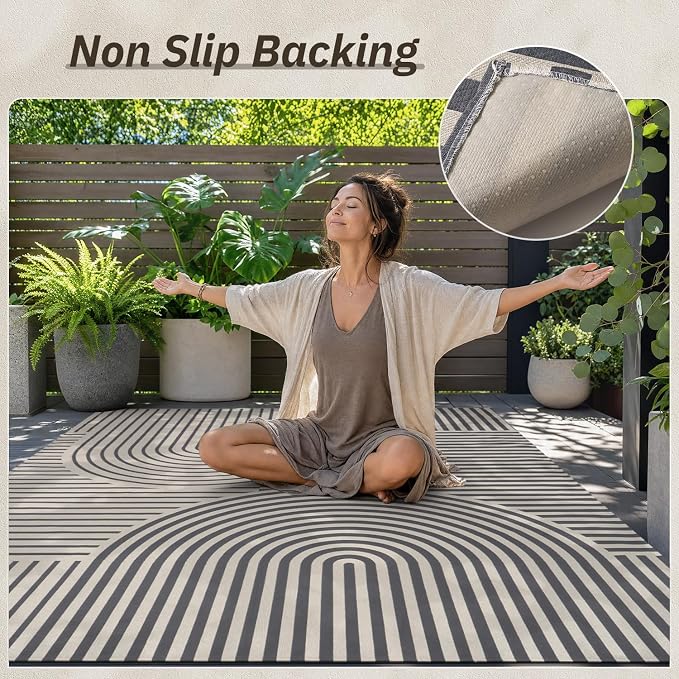 AMOAMI Outdoor Rug Patio Rug 6x9 ft Quick Dry Flatweave Textured Machine Washable Outdoor Carpet with Rubber Particles Backing Boho Outdoor Area Rug for Patio Deck Front Porch Balcony Greyish Black
