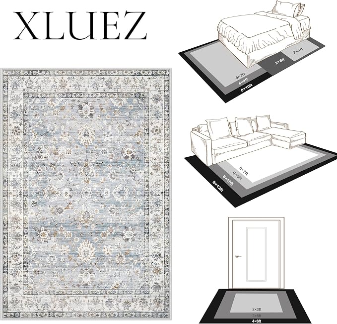 XLUEZ Area Rug 6x9 Living Room Rug, Machine Washable Vintage Distressed Boho Area Rug Non-Slip Soft Low Pile Large Indoor Rugs for Bedroom Kitchen Dining Room Office(Light Blue,6'x9')
