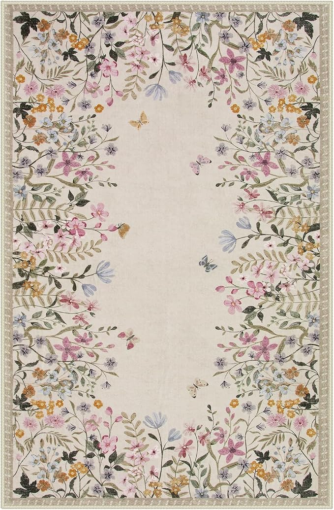 Wonnitar 6x9 Washable Area Rug, Boho Floral Rug for Living Room, Soft Rug for Bedroom, Non Slip Low Pile Nursery Carpet, Beige Farmhouse Dining Room Decor (6x9 Beige)