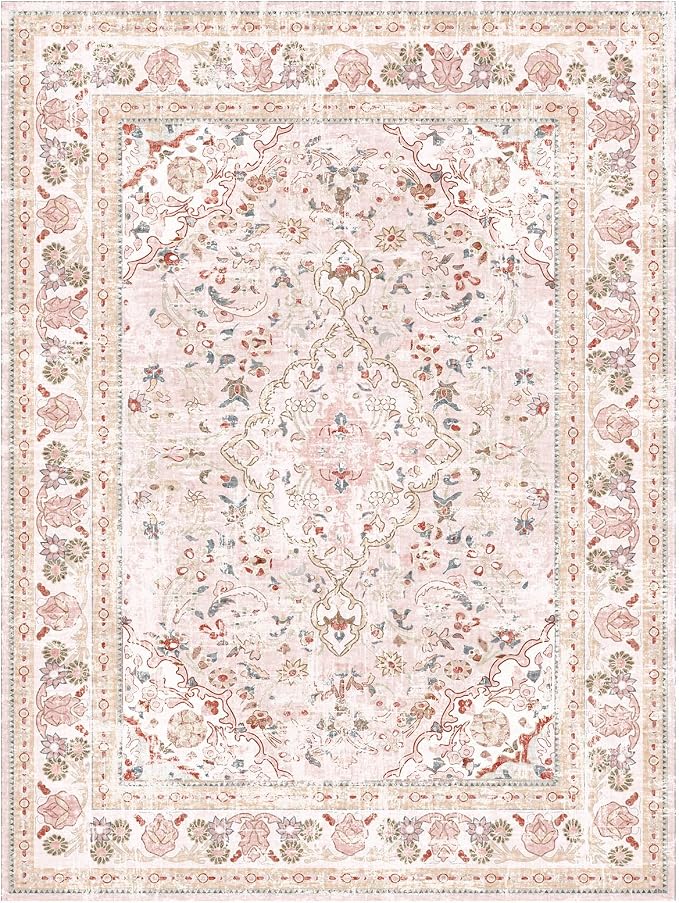 Vhong Pink Area Rugs Washable Boho Vintage Modern Neutral Small Carpet 2×3 Doormat for Bathroom Kitchen Entryway Girls' Room Nursery Room Non Slip