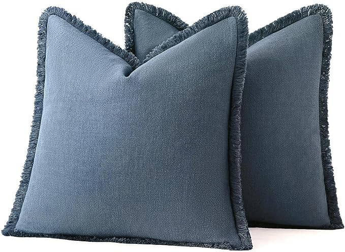 MIULEE Decorative Throw Pillow Covers Neutral Linen Fringe Throw Pillows Set of 2 Blue Ashes Boho Farmhouse Cushion Covers with Tassels for Couch Sofa Bed Spring Home Decor 28x28 Inch