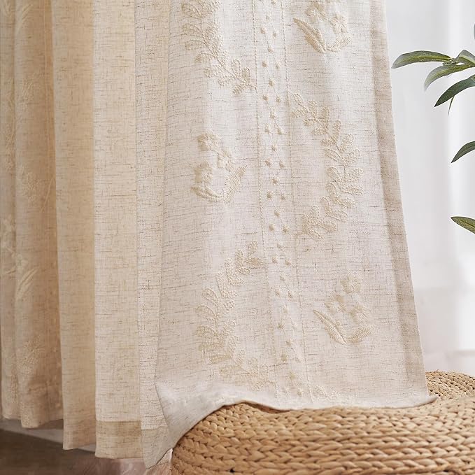 jinchan Floral Linen Curtains 72 Inch Farmhouse Back Tab 2 Panels Ivory | Embroidered curtains,boho curtains,living room,bedroom,light filtering,privacy,flower patterned drapes,window treatment