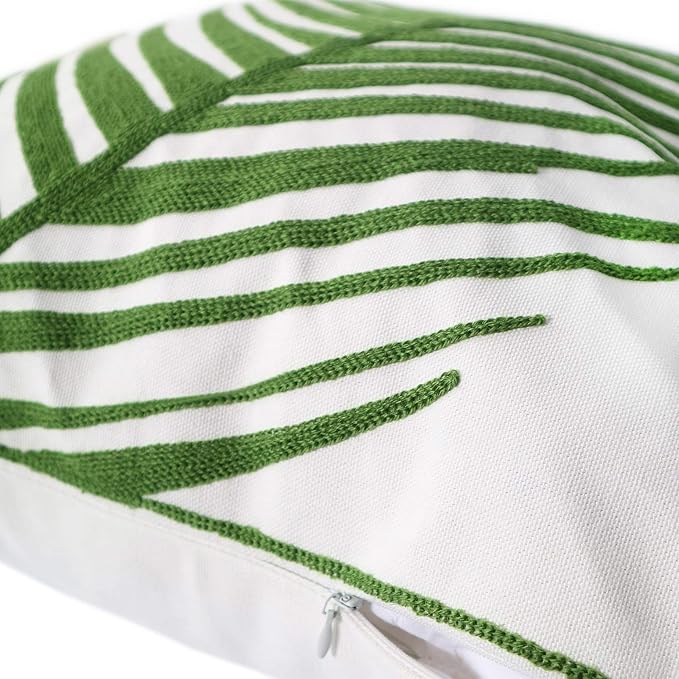 Embroidery Throw Pillow Cover 18x18 Inches Decorative Floor Pillow for Couch 100% Cotton Cushion Cover Tropical Green Palm Leaf Embroidered Pillowcase 45x45cm, 1 Piece
