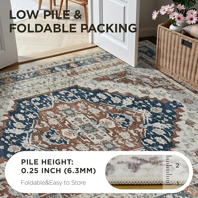 Joydeco Washable 2x6 Hallway Runner Vintage, Beige & Blue & Reddish-Brown | Water Resistant Low Pile Non Slip Backing for Kitchen Entryway Bedroom Bathroom Dining Room