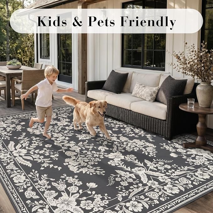 AMOAMI-Outdoor Rug-Patio Rug 5x8 ft Quick Dry Machine Washable Flatweave Textured Outdoor Carpet with Rubber Particles Backing Indoor Outdoor Rugs for Patio Deck Front Porch Balcony Greyish Black