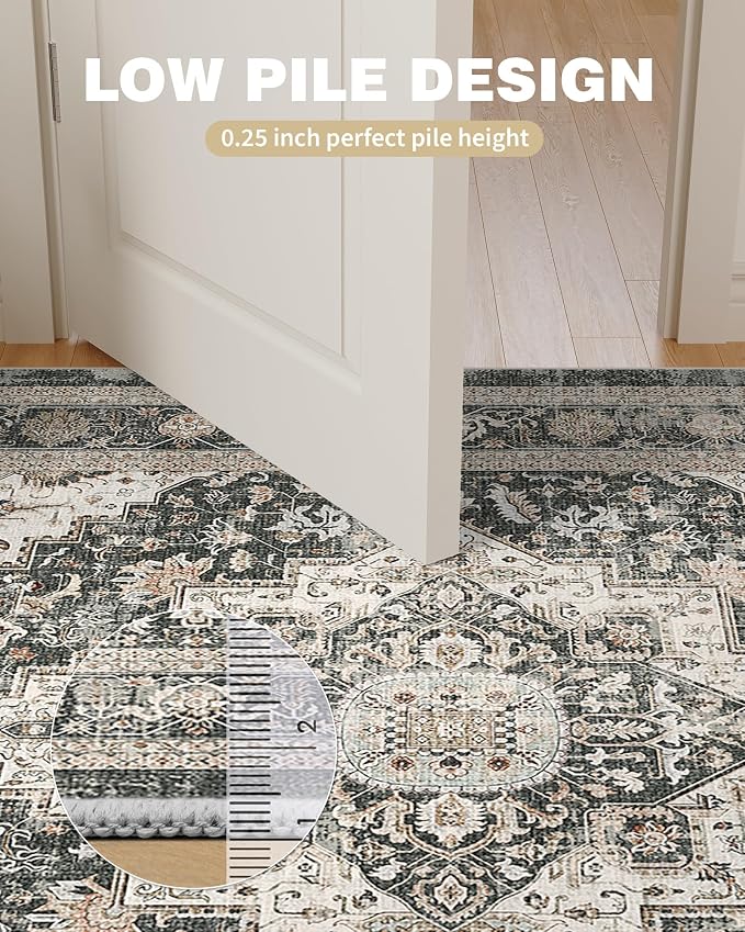 Roxstand Washable 2.6x10 Runner Rug, Non Slip Hallway Rugs Black/Beige | Low Pile rug, Stain Resistant, Distressed Rug Runners for Entryway, Living Room, Bedroom, Kitchen, Laundry