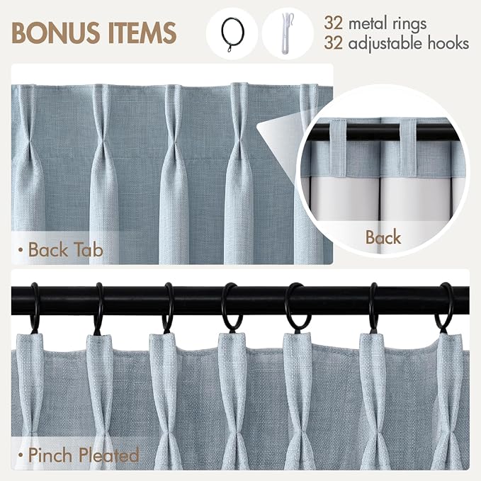 MIULEE Pinch Pleated 100% Blackout Curtains 40"x96" Chambray Blue 4 Panels | Thick Linen, Memory Trained Pleat, Back Tab Double Layer Drapes, Thermal Insulated, Curtain for Bedroom Living Room Darkening