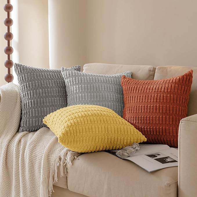 Softalker Throw Pillow Covers 20x20 Set of 2, Soft Corduroy Plush Decorative Square Cushion Cases for Living Room Couch Sofa, Rustic Farmhouse Boho Home Decor 50x50cm, Orange
