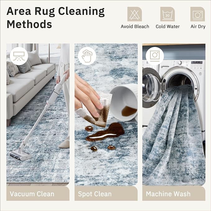 Soalmost 5x8 Area Rugs Blue/Grey Low Pile Indoor Washable Trendy Faded Style Rugs for Bedroom Living Room Dining Room Foldable Non-Slip Thin Print Home Office Mat