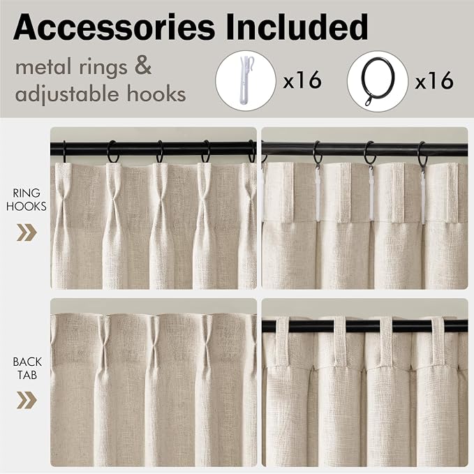 MIULEE Pinch Pleated Thick Linen Curtains 96 Inches Long 2 Panels for Living Room Bedroom, Memory Trained Drapes Pinch Pleat Back Tab Semi Sheer Privacy Neutral Ivory Cream Farmhouse Window Curtains