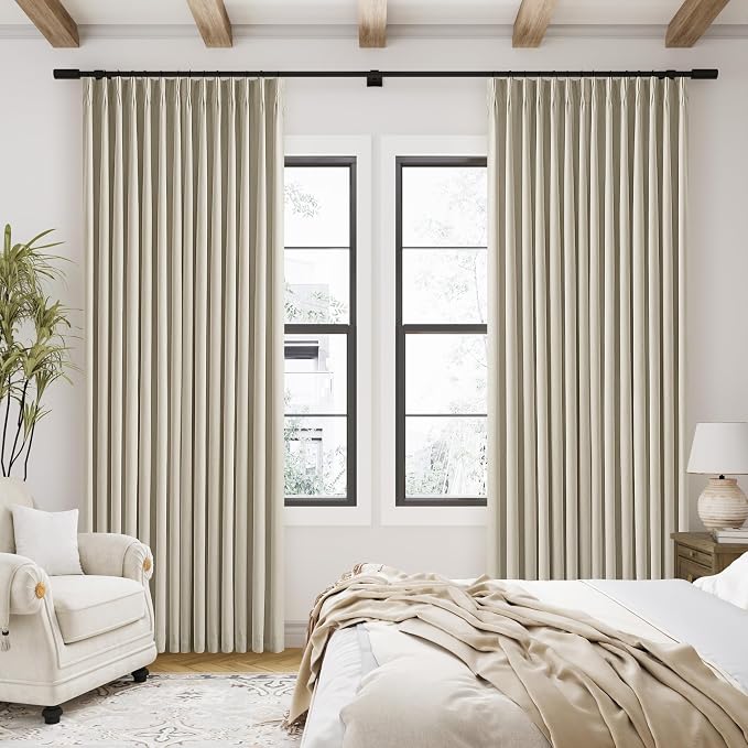 Burlywood Birch 100% Blackout Pinch Pleated Linen Curtains 94 Inches Long | Insulated Thermal Heat Reducing, Memory Shape, for Bedroom Living Room, Taupe Pleated Curtains with Hooks Rings, 2 Panels
