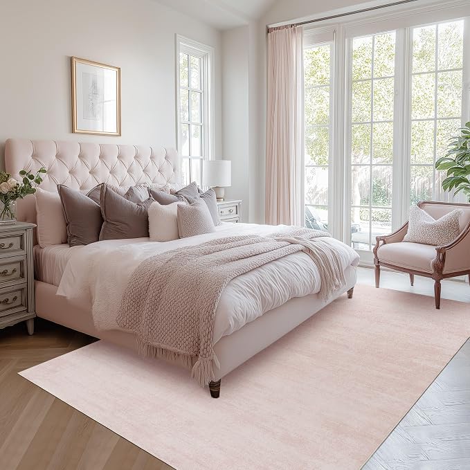 Light Pink Area Rug 8x10 Boho Washable Low Pile Soft Baby Rugs for Nursery | Blush Abstract Soft Carpet, for Bedroom Dining Room Table, Aesthetic Modern Abstract Style, with Foldable Rubber Backing