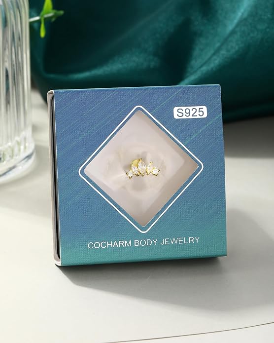 COCHARM 14K Gold Plated Cartilage Earrings Stud 16G 925 Sterling Silver Helix Earrings Internally Thread Heart Flat Back Piercing Jewelry