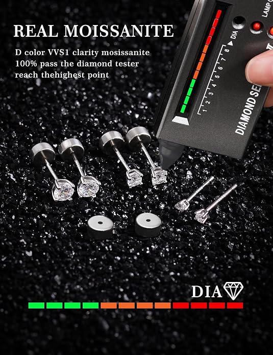 3 Pairs Moissanite Flatback Stud Earrings for Women, 925 Sterling Silver Hypoallergenic Flat Back Cartilage Earrings Set, 18K White Gold Plated