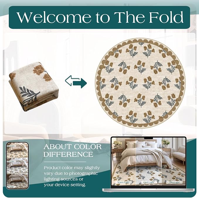 Beige 4ft Round Rug for Entryway - Washable Floral Boho Farmhouse Scalloped Round Area Rug for Bedroom Non Slip Stain Resistant Circle Rugs for Living Room Entryway Bathroom Nursery Apartment