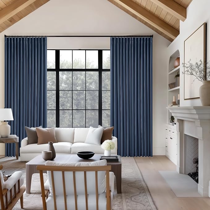 Dark Blue Pinch Pleated 100% Blackout Linen Bedroom Curtains 96 Inch Length | Double Layer Curtains, Pleat with Ring Hooks Back Tab, Black Out Room Darkening Drapes, for Living Room, Indigo Navy, 40x96