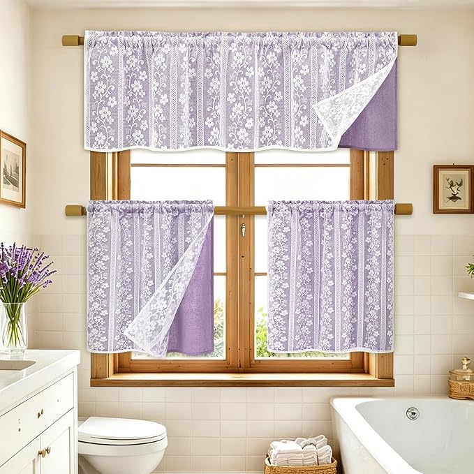 ASPMIZ Linen Valances for Windows Double Layer Valance Curtains with Lace Overlay, Purple Kitchen Curtains Light Filtering, Rod Pocket Window Valances for Living Room, Kitchen, Cafe, Bathroom, 52x18