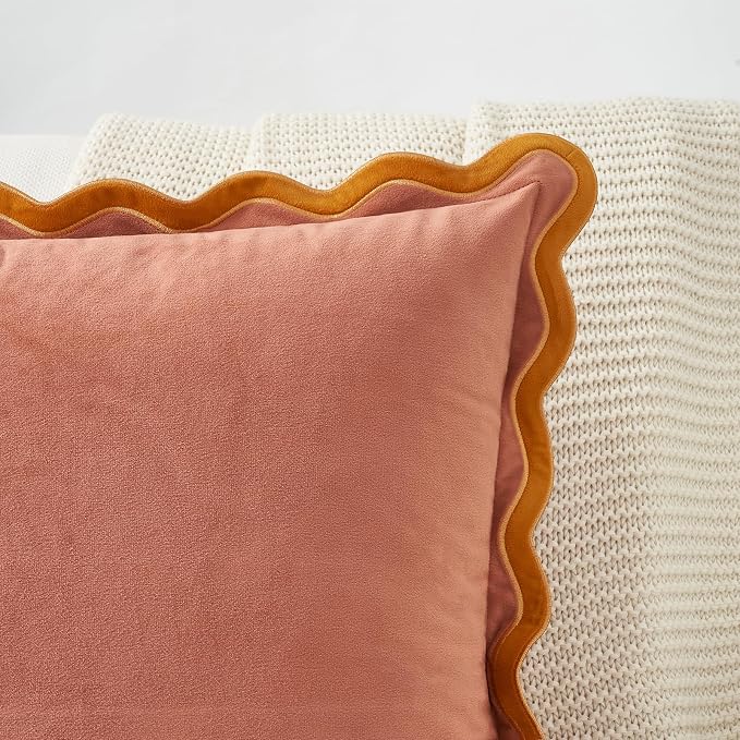 MONDAY MOOSE Decorative Throw Pillow Covers Cushion Cases, Set of 2 Soft Velvet Scalloped Wavy Edge Designs, Mix and Match for Home Decor, Pillow Inserts Not Included (18x18 inch, Pink/Honey)