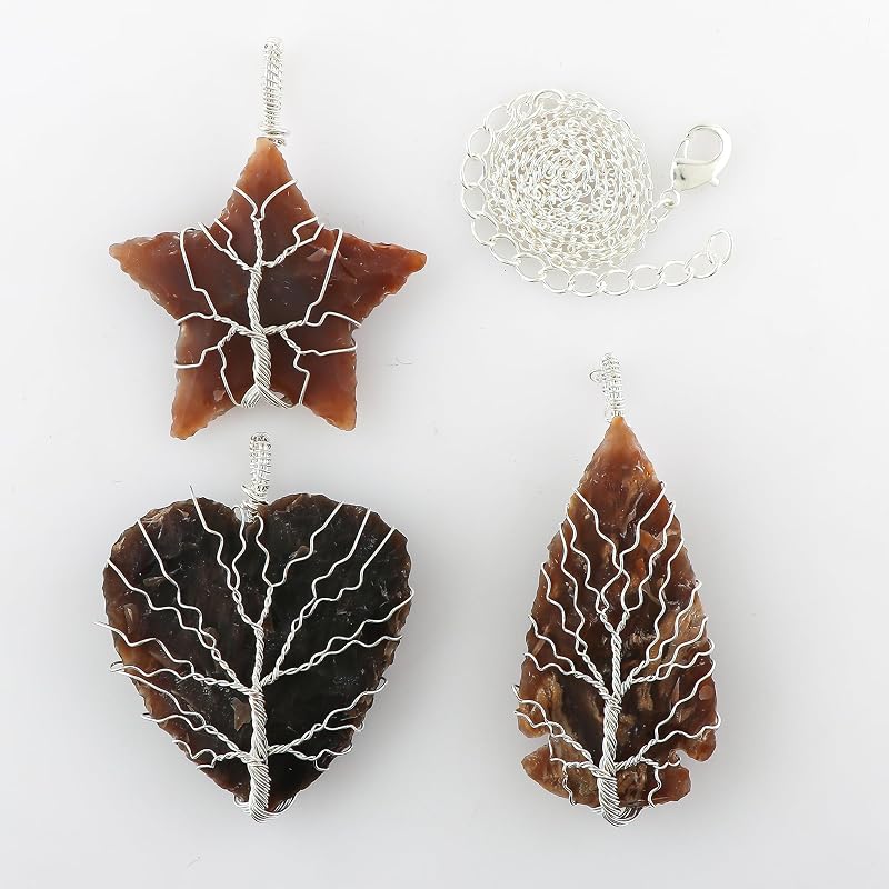 Tree of Life Craft - Raw Jasper Rough Crystals Pendant Necklace, Heart & Star & Arrow Shapes, Wire Wrapping, Gift Giving Women Jewelry with Dainty Silver Plated Chain 18 inch (3pcs)