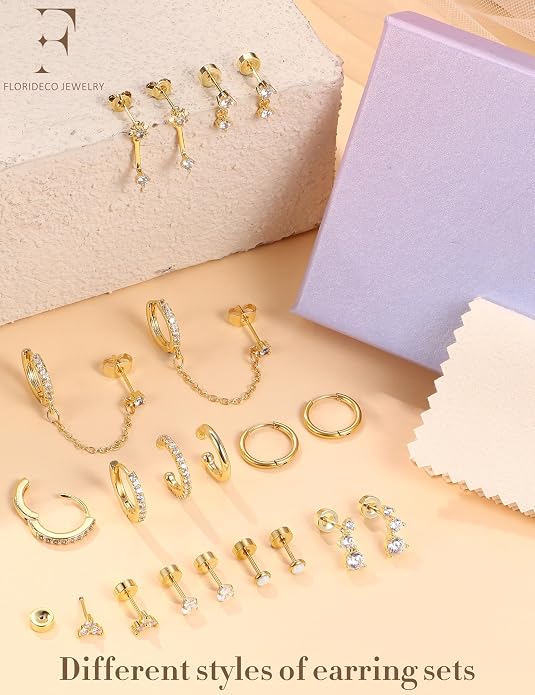 Florideco Small Stud Hoop Earrings for Women Hypoallergenic 14K Gold Plated Surgical Stainless Steel Flat Back Earrings Dainty Hoop Stud Earring Stacks Cartilage Earring Set for Multiple Piercing