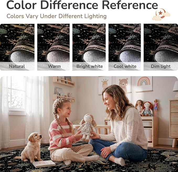 Vacuum-Friendly, 2x3 Washable Area Rug, Black Green Beige | Sun and Moon Boho Gothic Non-Slip Low Pile Living Roon Bedroom Dining Room Kitchen Entry Entryway Entrance Hallway Doormat