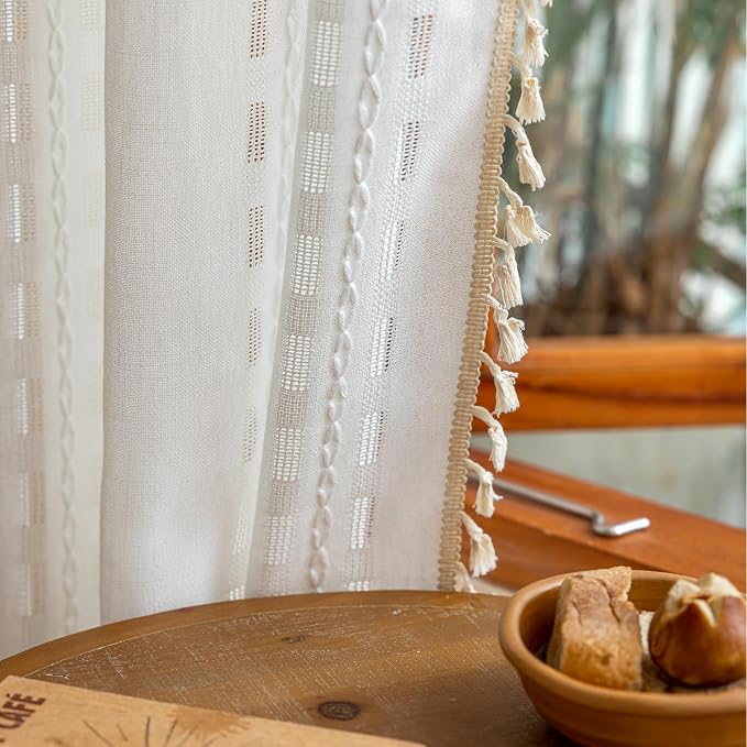 Ivory White Boho Short Curtains 54 inches Long 2 Panels for kitchen Windows, Bohemian Semi Sheer Drapes, French Country Tassels Vintage Chic Embroidery Window Treatments,Back Tab & Rod pocket 50"W