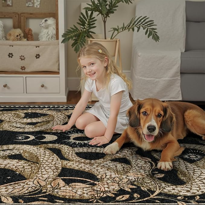 DCX Washable 7x9 Snake Rug, Black Gothic Rug for Living Room, Soft Low Pile Carpet, Kid & Pet Friendly with Rubber Back Non Slip, Stain Resistant Rug for Bedroom Dining Room Office