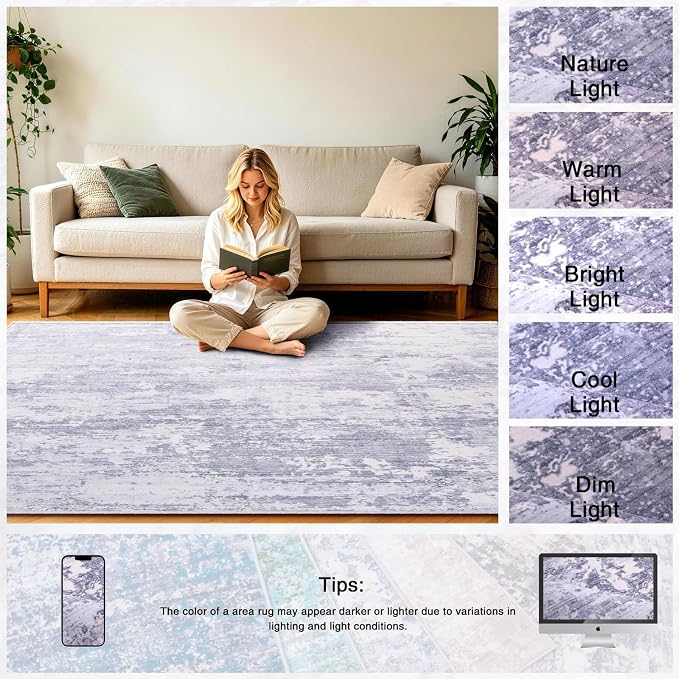 5x7 Area Rugs Living Room Rug Abstract Washable Rug Non-Slip Soft Low Pile Indoor Floor Stain Resistant Thin Carpet for Bedroom Dining Room Home Office Farmhouse Nursery - Light Gray & Cream 5' x 7'