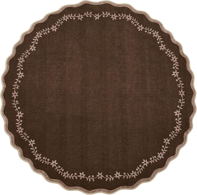 GarveeHome Round Rugs 6ft Scalloped Washable Circle Rug for Dining Room | Soft Brown Non Slip Floral Print Floor Mat Carpet Indoor Thin Tent Rug for Kids Bedroom Playroom Nursery Entryway