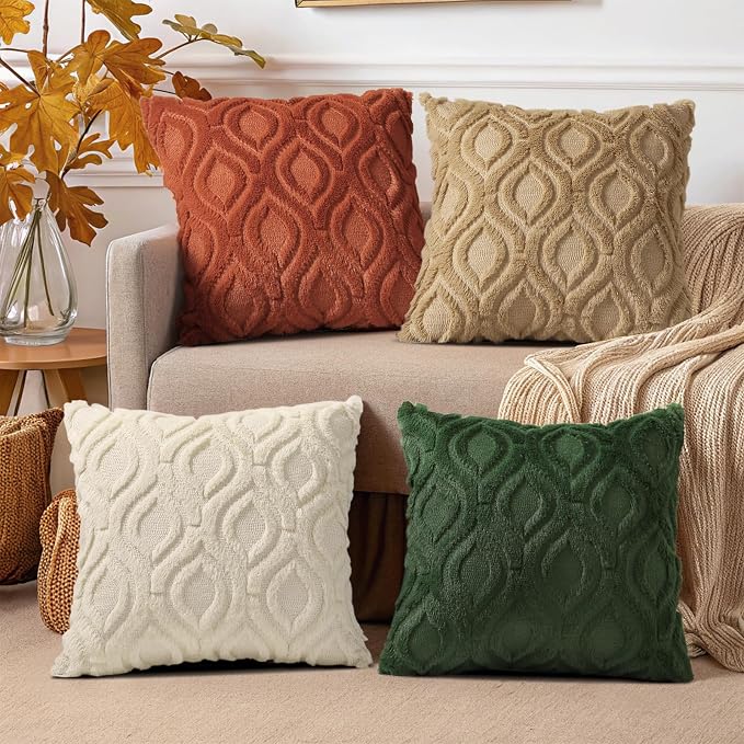 decorUhome Green Rust Faux Fur Soft Throw Pillow Covers 20x20 Set of 4 | Fall Neutral Decorative Plush Couch Pillow Covers, Accent Modern Farmhouse Neutral Pillow Cases for Sofa Bed Living Room