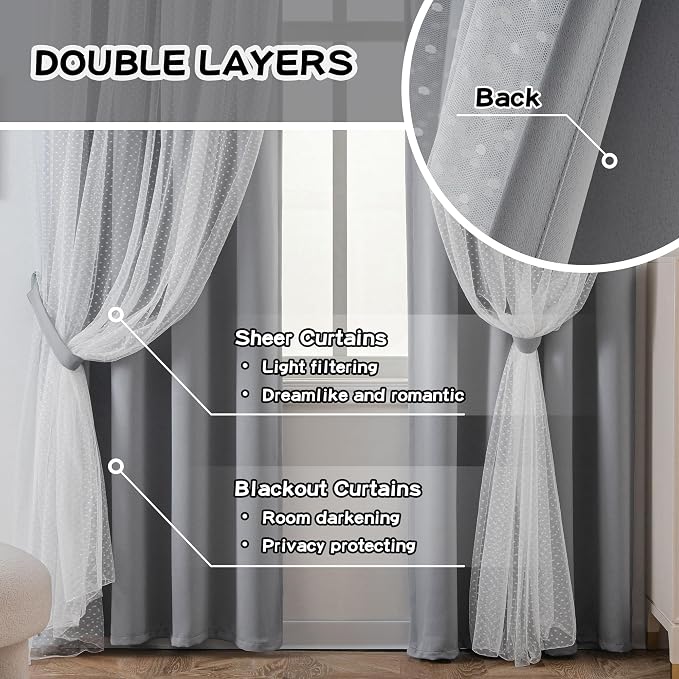 MYSKY HOME 65% Blackout Curtains for Girls Bedroom & Nursery Kids Grey Cute Curtains Double Layer with Polka Dots Sheer, Grommet Tops, 52x95 Inch Each Panel, 2 Panels