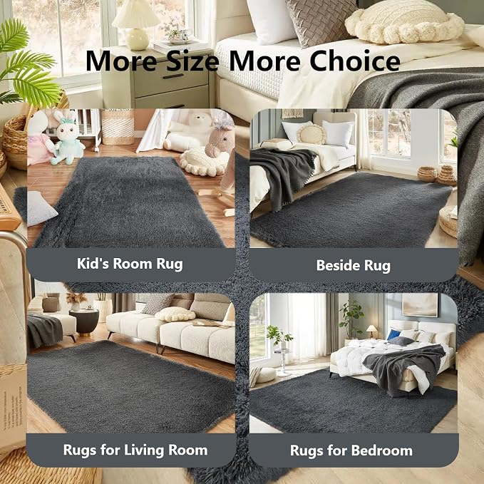 Floralux Area Rugs 9x12 Living Room, Dark Grey, Large Shag Rug Bedroom Rug, Ultra Soft Shaggy Fluffy Carpet for Playroom, Plush Modern Carpets for Kids Room, Dorm Home Decor Aesthetic