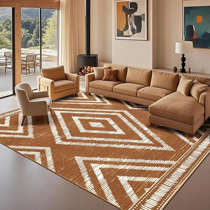 Boho Washable Area Rugs 9x12ft for Living Room, Large Soft Bedroom Rug Non Slip, Low Pile Brown Moroccan Floor Carpets for Dining Room Nursery Playroom Home Office