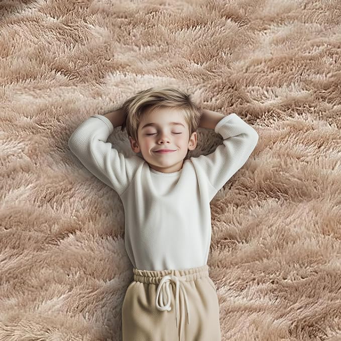 Fluffy Rug Shag Area Rug,Dark Beige Tie-Dyed 3x5 Area Rugs for Bedroom | Non-Slip Small Soft Bedside Rug for Entryway,Living Room and Home Office