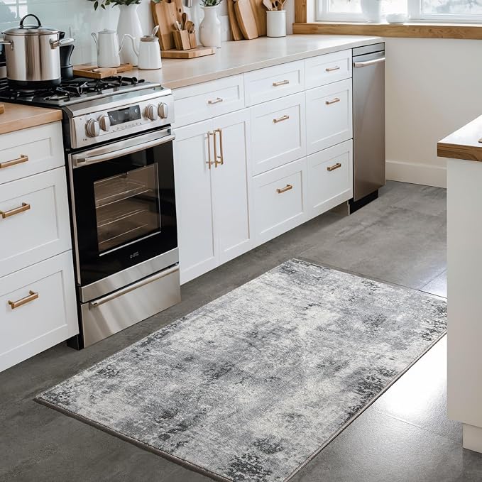 Entryway Rug 2x3 Grey Rug, Washable Abstract Small Rugs Non-Slip Low Pile Throw Rugs for Kitchen Floor, Front Door, Bedroom Bedside