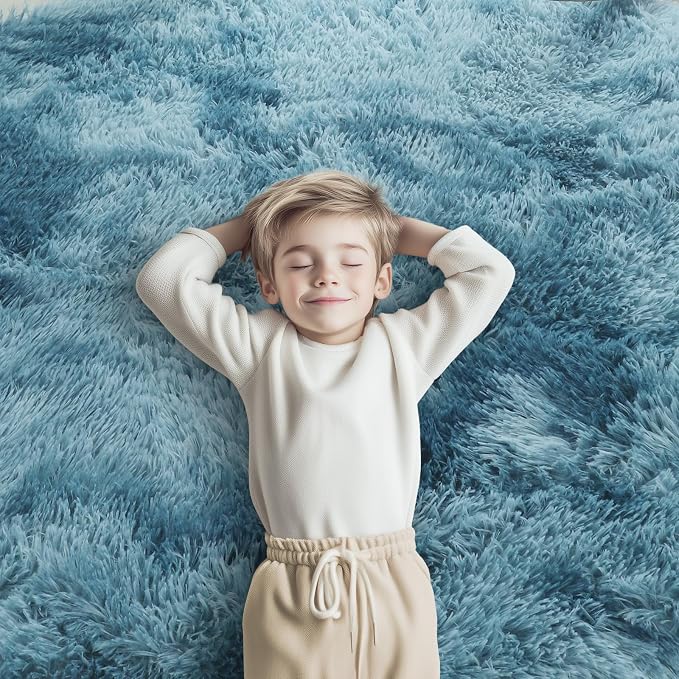 Fluffy Rug Shag Area Rug,Dark Blue Tie-Dyed 3x5 Area Rugs for Bedroom | Non-Slip Small Soft Bedside Rug for Entryway,Living Room and Home Office