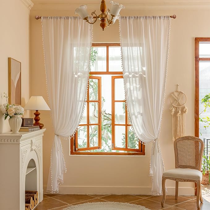 MYSKY HOME 84 inches Length White Curtains with Macrame for Living Room, Semi Sheer Farmhouse Style Light Filtering Back Tab Curtains for Sliding Glass Door, 50" Wide, Pure White,2 Panels