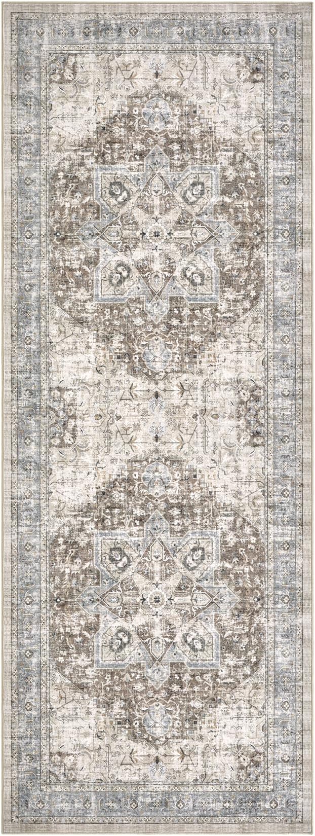 Tortania Area Rug 2x8 Runner Rugs - Washable Vintage Oriental Farmhouse Thin Indoor Carpet for Living Room Bedroom Hallway Entryway Kitchen Under Dining Table Home Office - Brown Blue