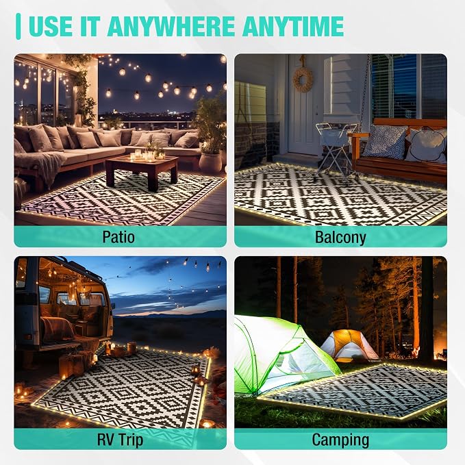 HAUSHOF 5' x 8' Outdoor Rug with LED Strip Light, Waterproof Patio Mat | Waterproof Surface, Easy-Clean Design, Reversible Double-Sided Use, RV Camping Beach Porch Balcony Use