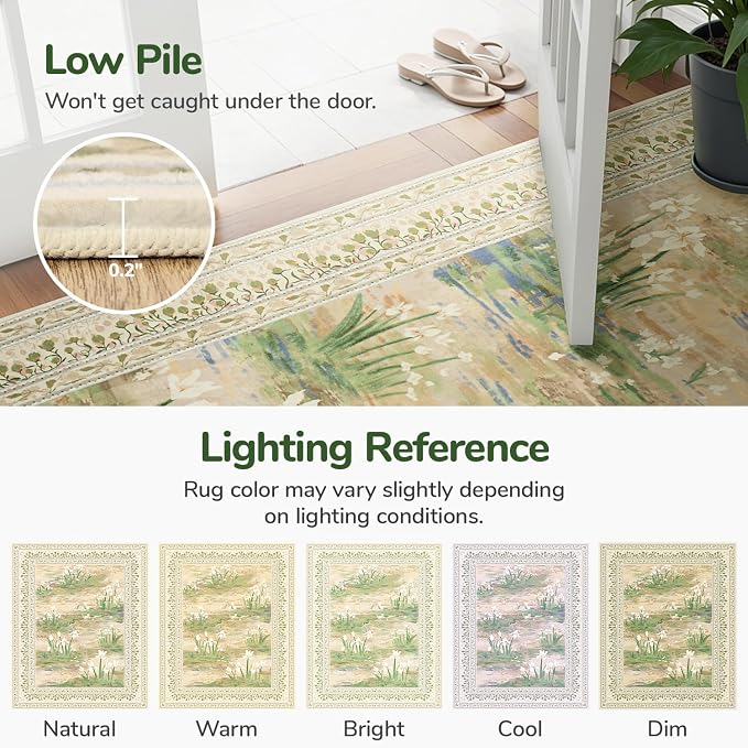 Lessymo Dining Room Rugs for Under Table, 6x9 Washable Floral Area Rug for Living Room, Non Slip Low Pile Carpet for Bedroom, Stain Resistance Cottagecore Farmhouse Nursery Office Decor, Beige Sage