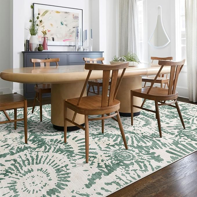 BLISSA Fresh Green Modern 5x7 Area Rug - Ultra-Thin Washable Living Room Rug, Soft Non-Slip Geometric Neutral Abstract Rugs for Bedroom Kid Room Nursery Playroom Foyer Dining Room Rugs for Under Table