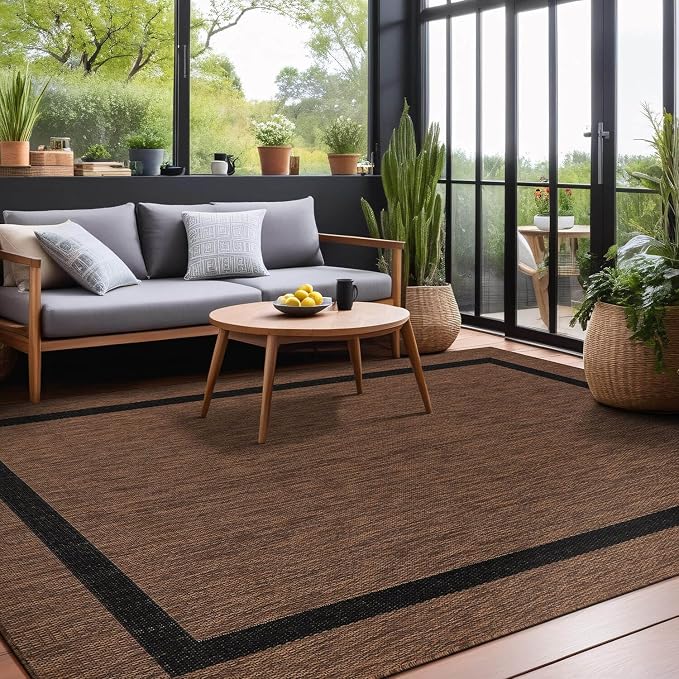 Luul Home Bordered Outdoor Rug 10x14 Washable Outside Carpet for Indoor Patio Porch Waterproof Easy Cleaning Non Shedding Area Rugs Nut Brown - Black 10 x 14