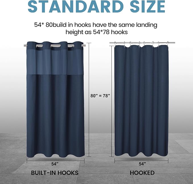 EUTXL Heavyweight Navy Blue Stall No Hook Shower Curtain with Snap in Liner,256GSM Waffle Weave Shower Curtains for Bathroom,54W x 80H