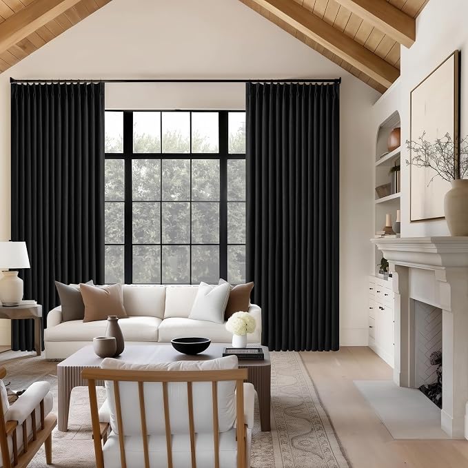Black Pinch Pleated 100% Blackout Linen Curtains for Bedroom 84 Inch Length | Room Darkening with Liner, Memory Shape Pleat Back Tab, Thermal Insulated, for Living Dining Room Window, W40xL84 2 Panels