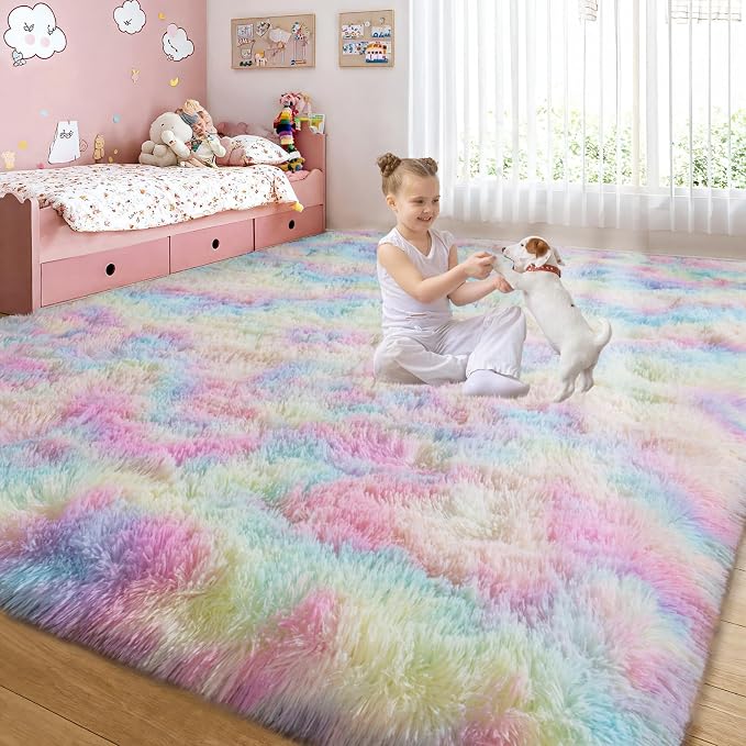 qulint 8x10 Colorful Rug for Bedroom, Fluffy Soft Large Living Room Rug | Fuzzy Kids Room Rug for Girl, Plush Shag Modern Rainbow Carpet for Dorm Playroom Classroom Home Decor
